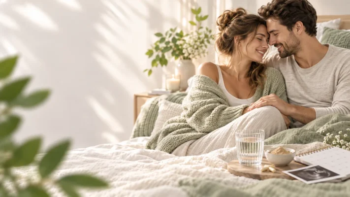 Coppia abbracciata a letto alla luce naturale
