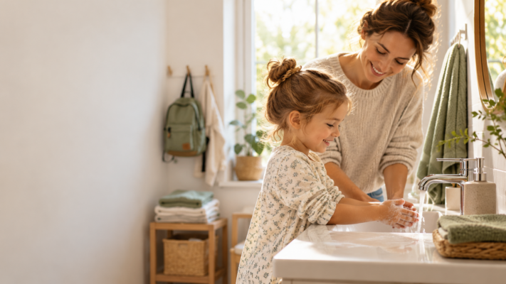 Una bambina si lava le mani con il sapone al lavandino insieme alla mamma.